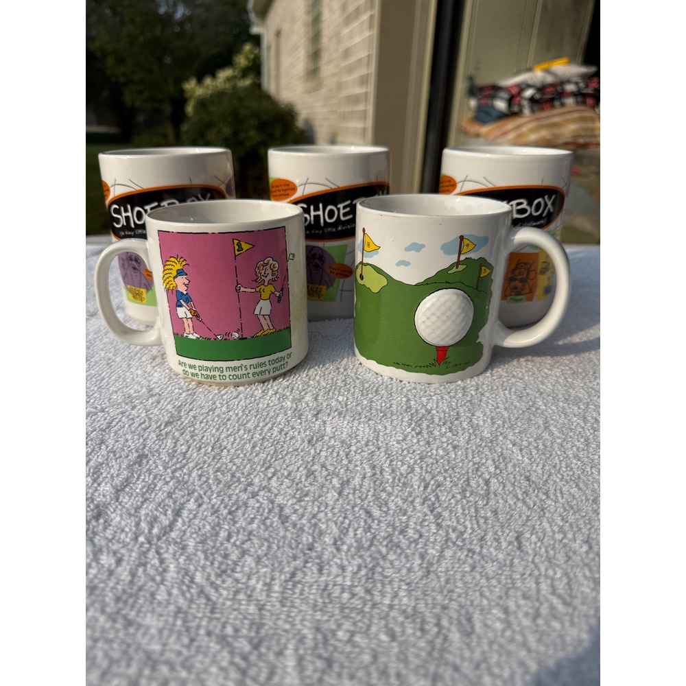 Vintage Golf & Cartoon Mug Set Russ Berrie Enesco Shoebox Hallmark Maxine 5pc